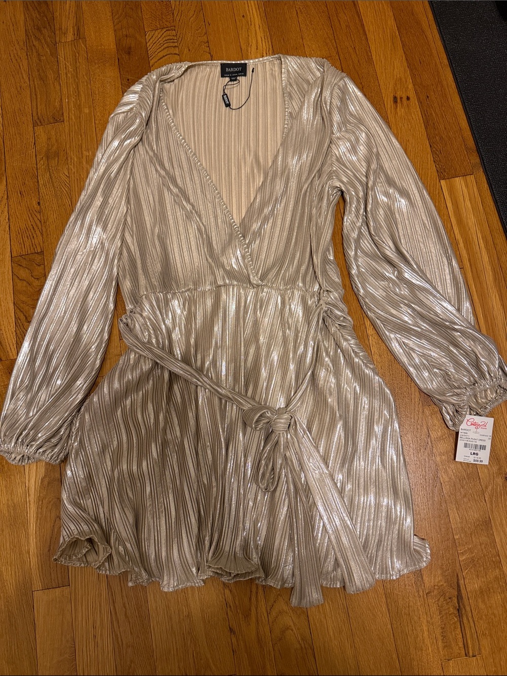 Bardot Metallic Pleated Wrap Mini Dress in Champagne